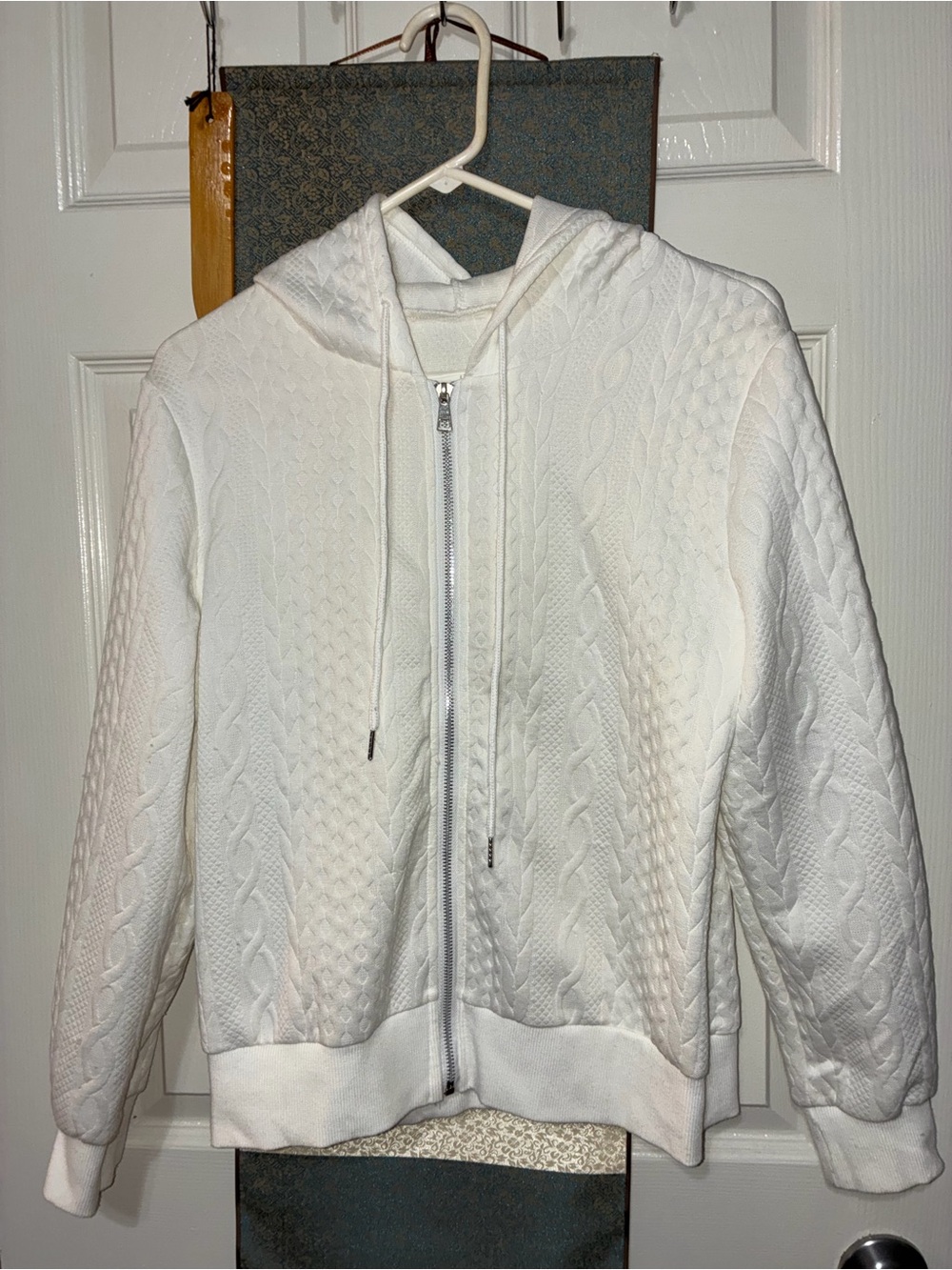 SHEIN White Hooded Cable Knit Zip-Up Jacket